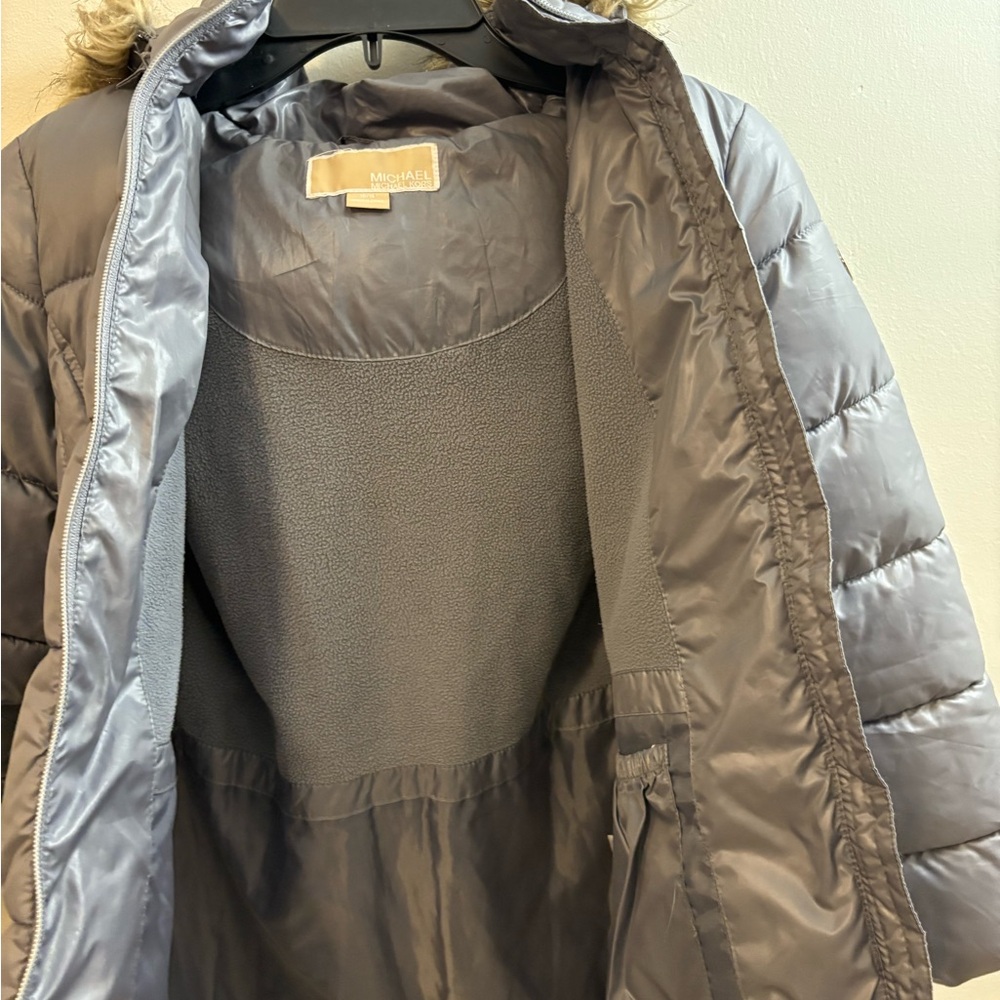 Michael Kors Kids Silver Puffer Jacket with Faux Fur Hood - Picture 8 of 14